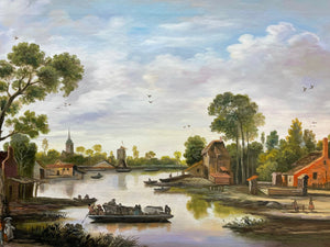 100% hand-painted Boat in the river and village scenery 36x24 inch oil paintings The classical field